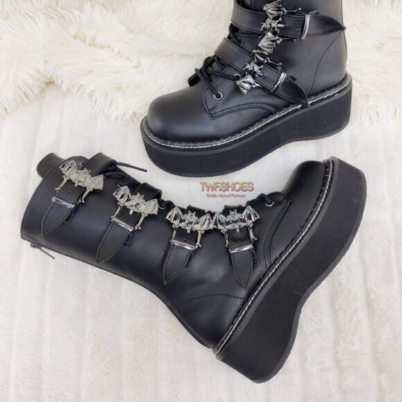 Goth Platform Combat Boots Bat Buckle Straps Emily 322 - Picture 7 of 13